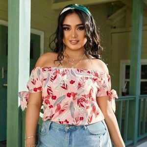 SHEIN - Tropical Print Knotted Bardot Blouse - Size 0X